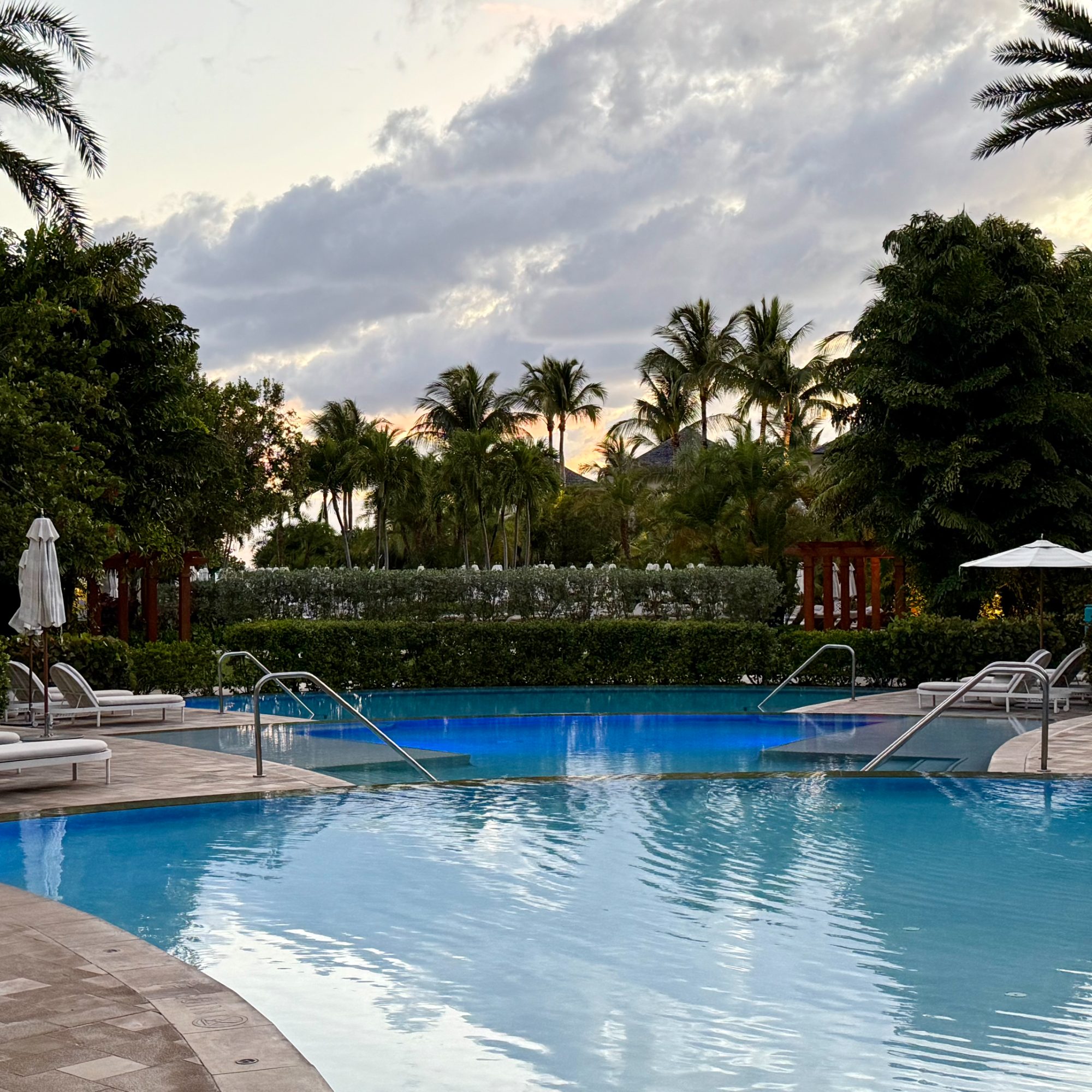Resort pool fringed by palms at dusk in the Bahamas