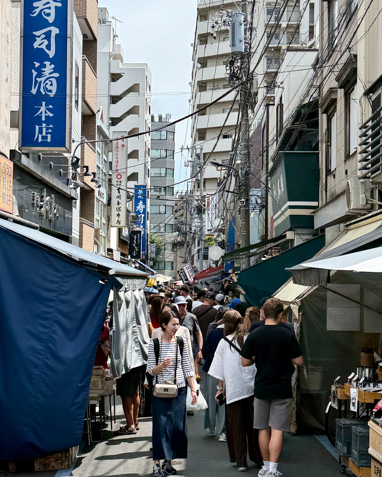 A bustling alley at Tsukiji Fish Market, shopping for our own ingredients