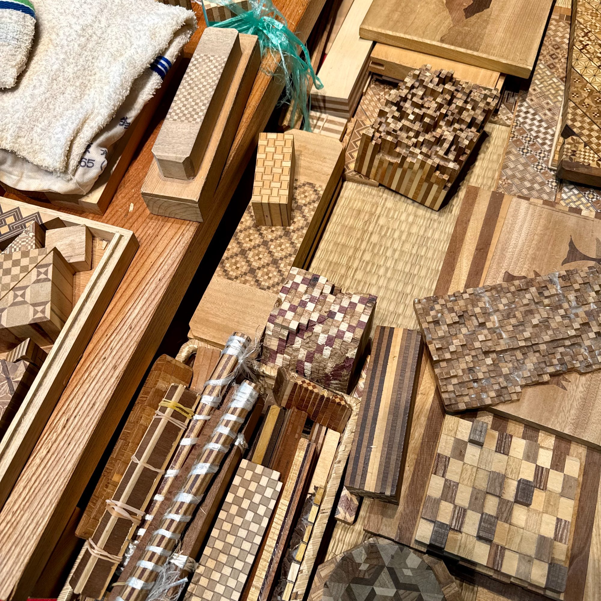Intricate wooden marquetry pieces used to craft traditional Japanese puzzle boxes